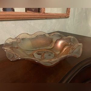 Jeanette Iridescent Carnival Glass Ruffled Bowl with Floral Pattern